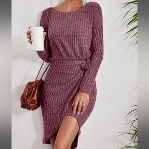 Shein Ribbed Knit Drop Shoulder Knot Side Wrap Hem Dress